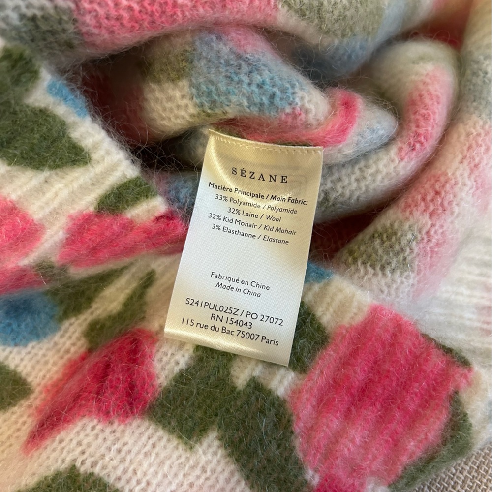 Sezane Janelia Jumper Sweater - Pink Flowers/ Turquoise Kid Mohair Knit French - Picture 10 of 11